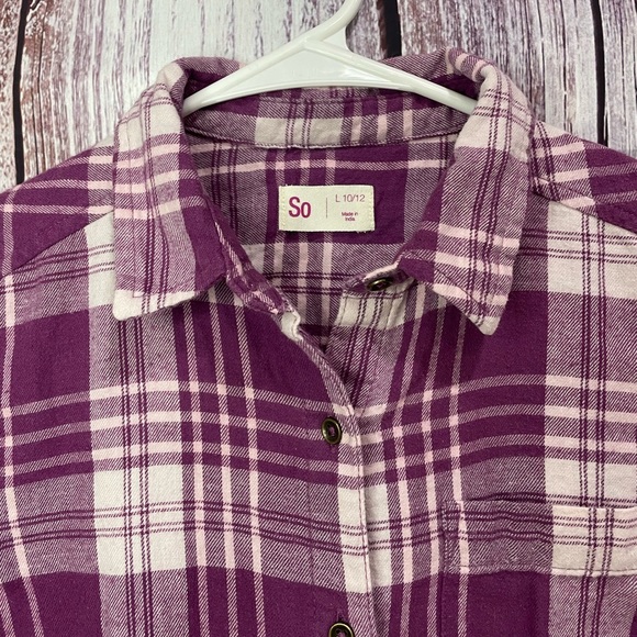 SO Girls Cotton Flannel Magenta & White Plaid Long Sleeve Size Large 10/12 #5018 - Picture 3 of 12